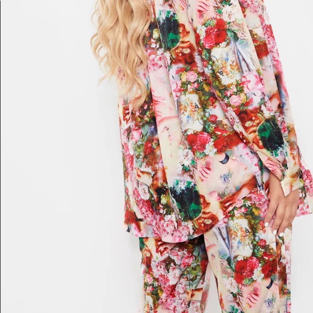Pretty Little Thing Rose Femme Renaissance Print Wide Leg Pants and Blouse